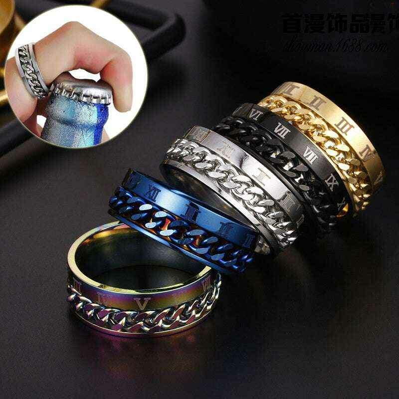 Men’s Roman Numeral Spinner Ring - Stylish Titanium Steel Jewelry and Bottle Opener