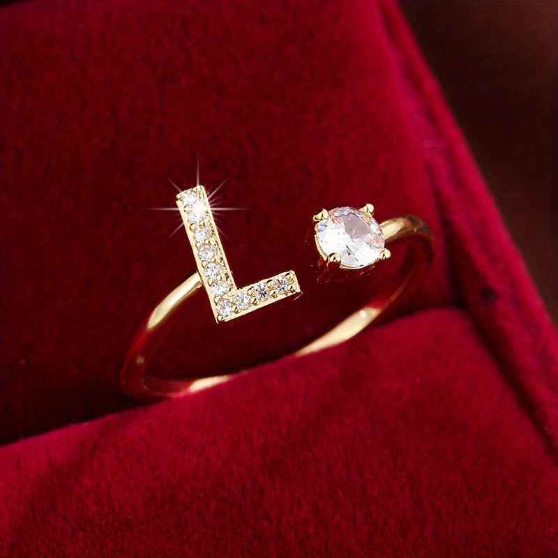Fashionable 26 English Letters Four-Prong Synthetic Synthetic Zirconia Open Adjustment Ring L Golden