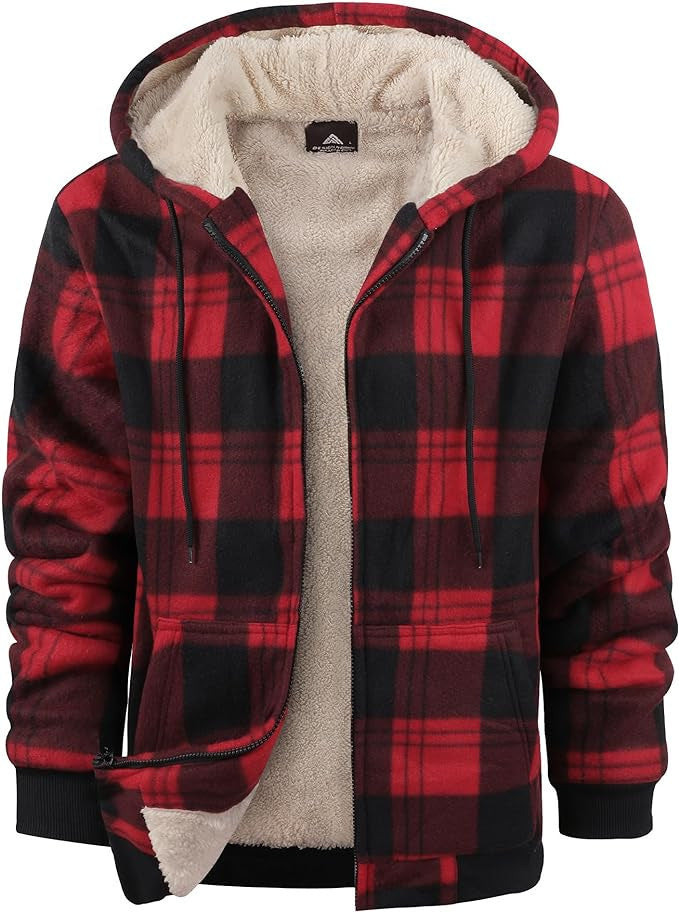 Men's Plaid Print Hooded Zip-Up Jacket Winter Thickened Cotton-padded Coat Warm Clothing 1 Style