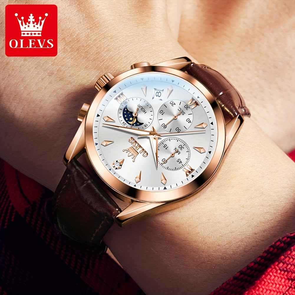 OLEVS Men's Luxury Quartz Watch - Luminous Date & Day Display, Stainless Steel Case, PU Leather Strap, Rose Gold Accents for Business and Casual Wear