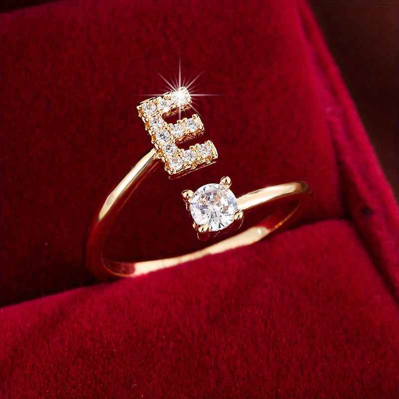 Fashionable 26 English Letters Four-Prong Synthetic Synthetic Zirconia Open Adjustment Ring E Golden