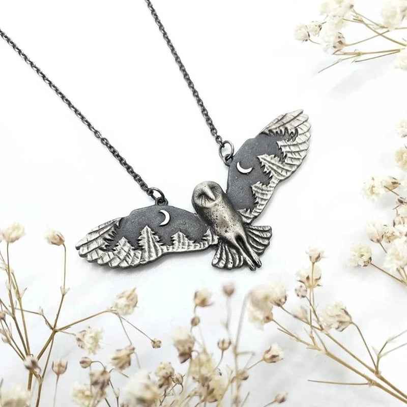 Vintage Owl Pendant Necklace with Moon Phase Art – Unique Animal Totem Jewelry Gift for Women and Women's Satin Pajama Set