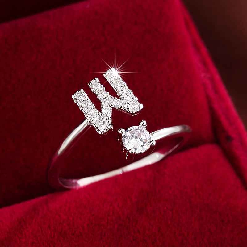 Fashionable 26 English Letters Four-Prong Synthetic Synthetic Zirconia Open Adjustment Ring