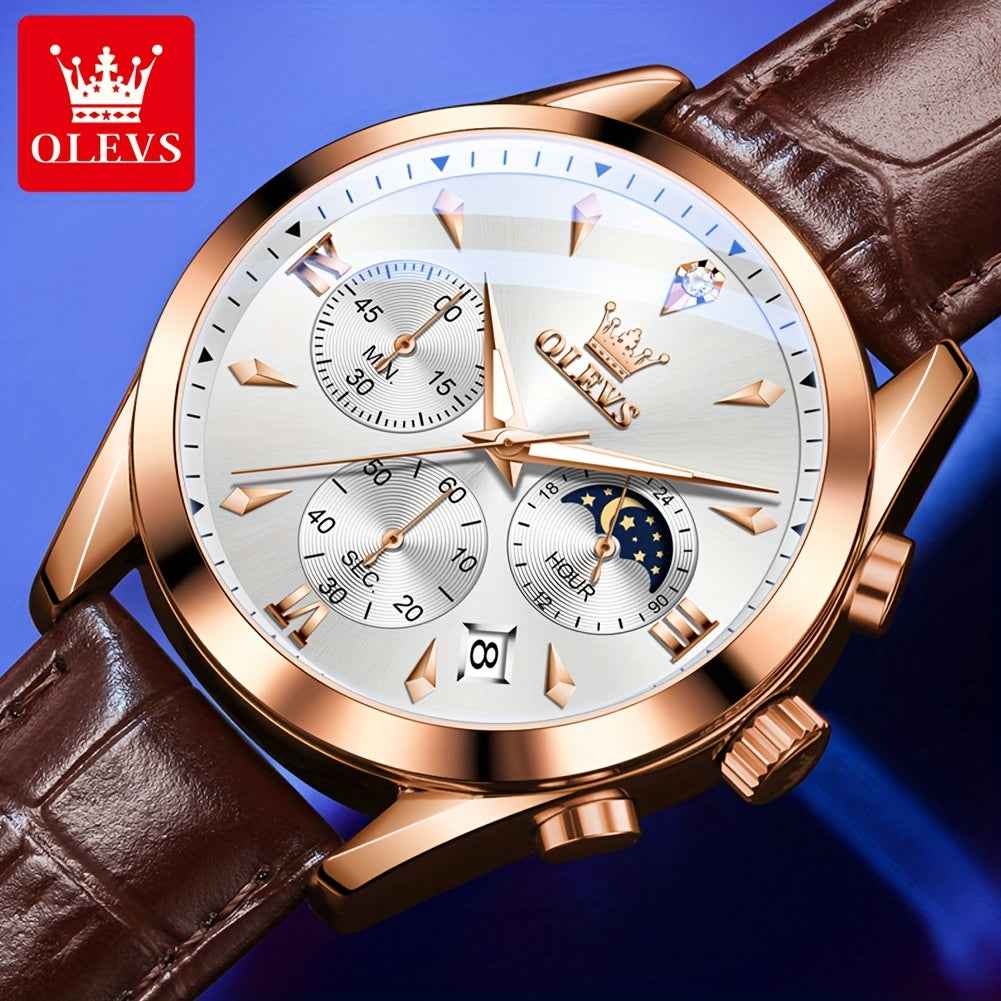 OLEVS Men's Luxury Quartz Watch - Luminous Date & Day Display, Stainless Steel Case, PU Leather Strap, Rose Gold Accents for Business and Casual Wear