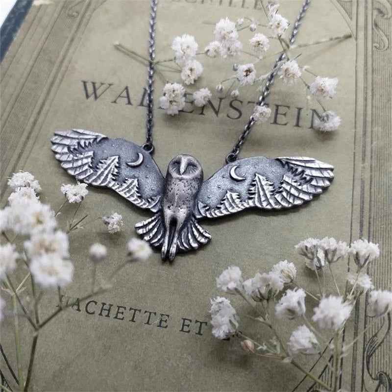 Vintage Owl Pendant Necklace with Moon Phase Art – Unique Animal Totem Jewelry Gift for Women and Women's Satin Pajama Set