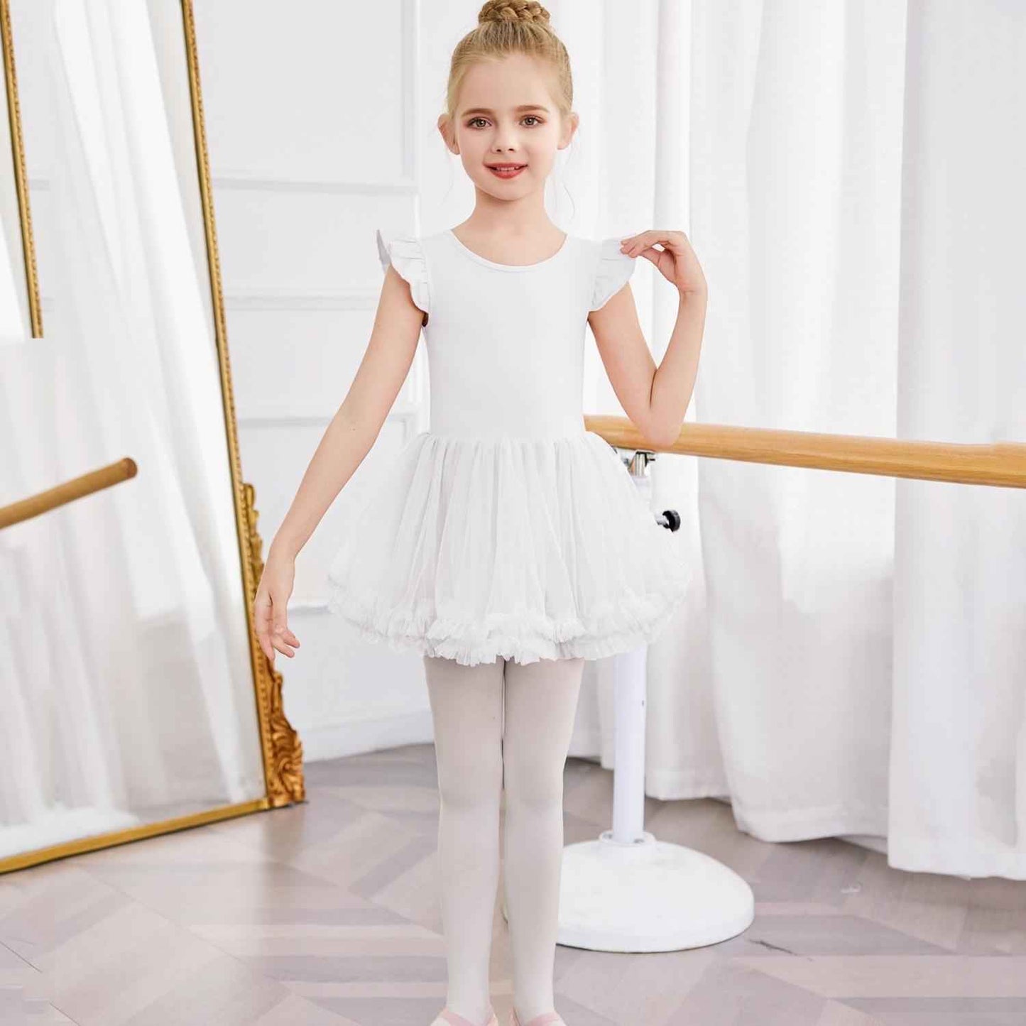 Girls Ballet Tutu Dress with Cross-Back Design and Ruffled Sleeves - Elegant White A-Line Leotard for Dance, Gymnastics, and Recitals White