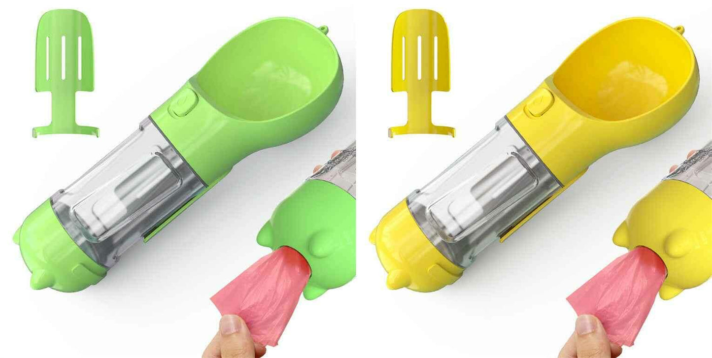 3-in-1 Portable Pet Water Bottle with Feeder, Bowl & Waste Bag Holder Green yellow pcs 300ml