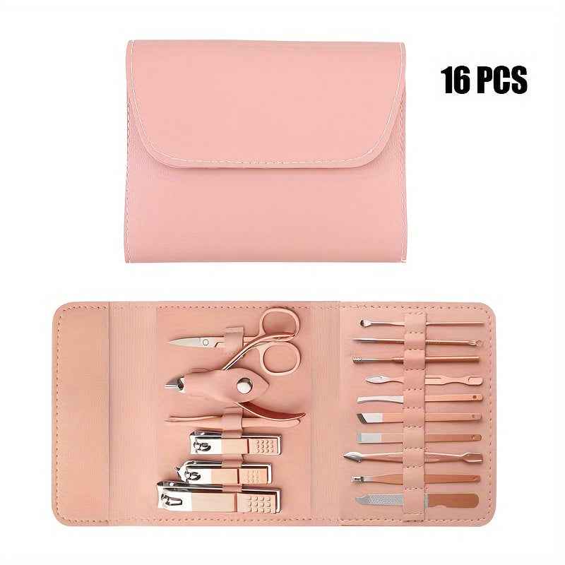 Stainless Steel Manicure Tool Set - 4/8/12/16pcs Multi-Functional Ear Spoon Nail Clippers Pedicure Scissors Kit with Folding Bag pink 16pcs set