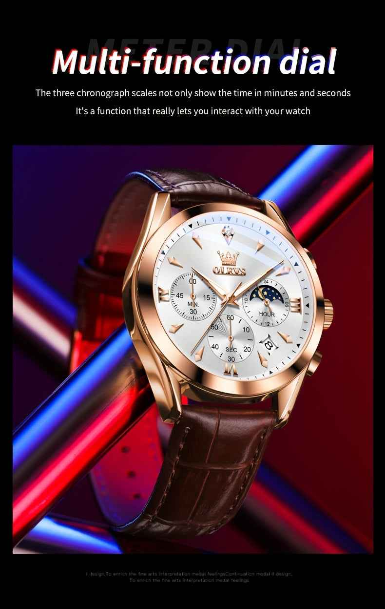 OLEVS Men's Luxury Quartz Watch - Luminous Date & Day Display, Stainless Steel Case, PU Leather Strap, Rose Gold Accents for Business and Casual Wear
