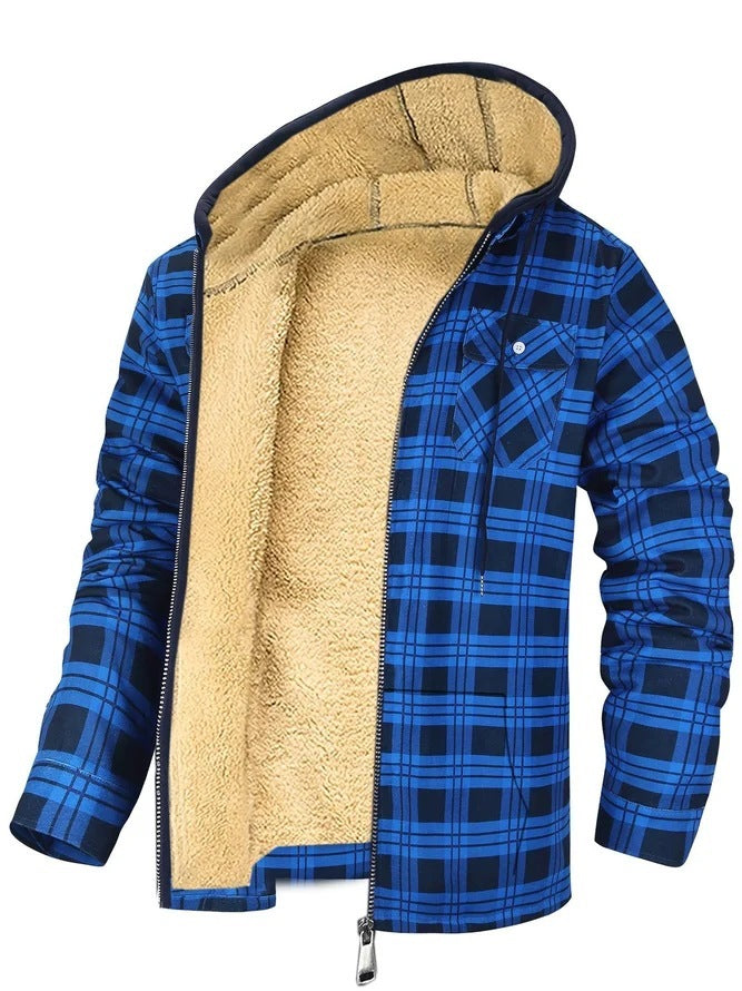 Men's Plaid Print Hooded Zip-Up Jacket Winter Thickened Cotton-padded Coat Warm Clothing Blue