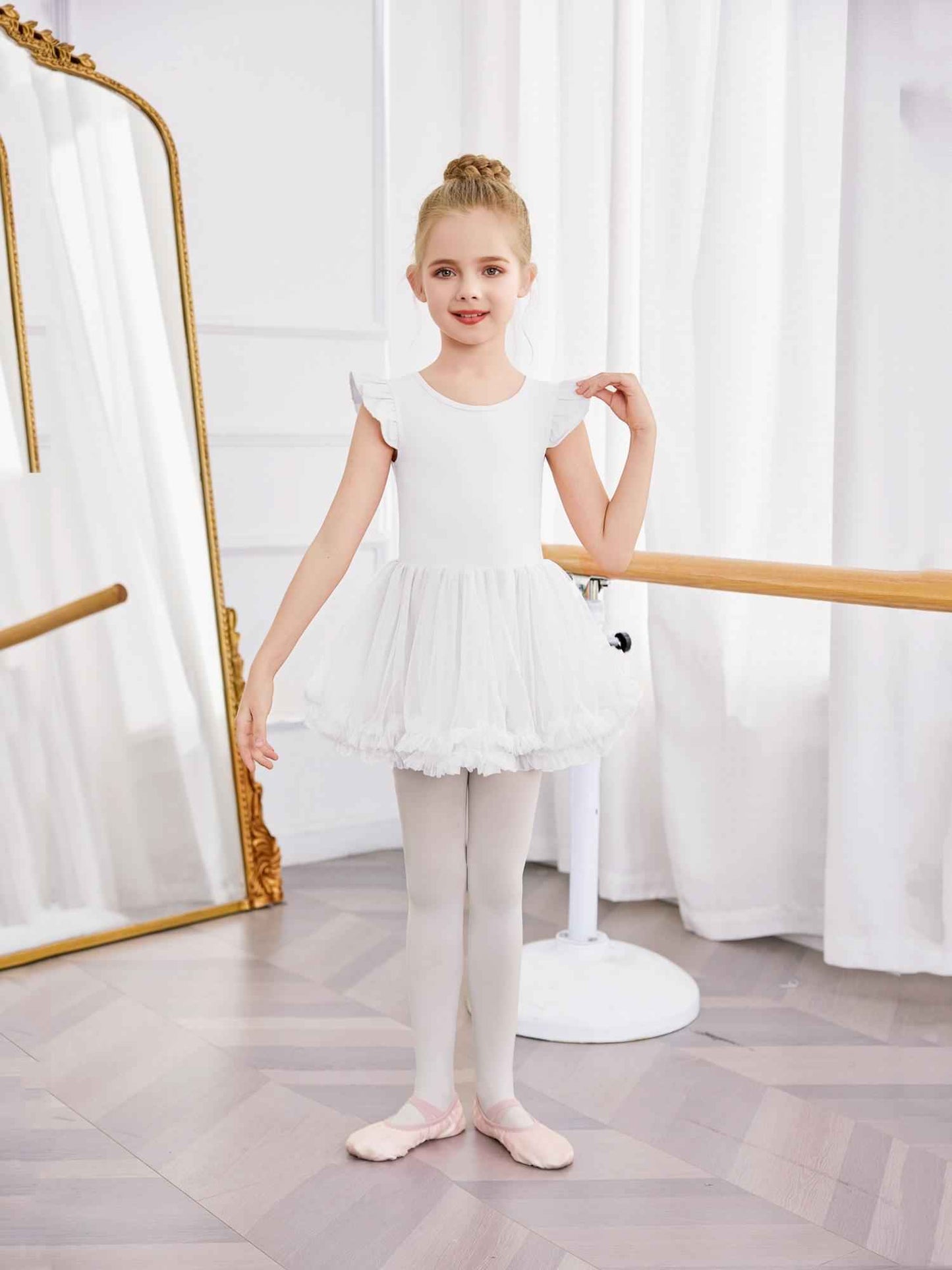 Girls Ballet Tutu Dress with Cross-Back Design and Ruffled Sleeves - Elegant White A-Line Leotard for Dance, Gymnastics, and Recitals
