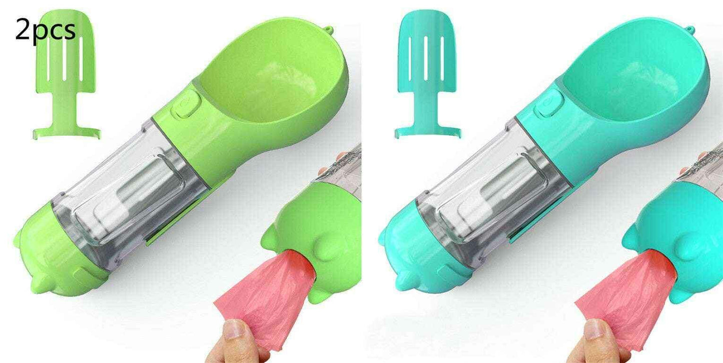 3-in-1 Portable Pet Water Bottle with Feeder, Bowl & Waste Bag Holder Green 2pcs blue. 300ml