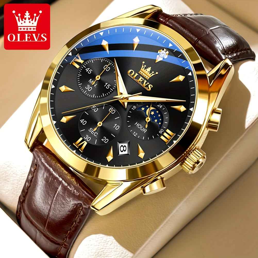 OLEVS Men's Luxury Quartz Watch - Luminous Date & Day Display, Stainless Steel Case, PU Leather Strap, Rose Gold Accents for Business and Casual Wear Golden Black