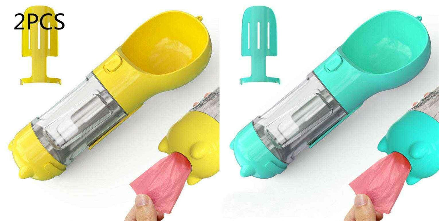 3-in-1 Portable Pet Water Bottle with Feeder, Bowl & Waste Bag Holder Blue yellow 2pcs. 300ml
