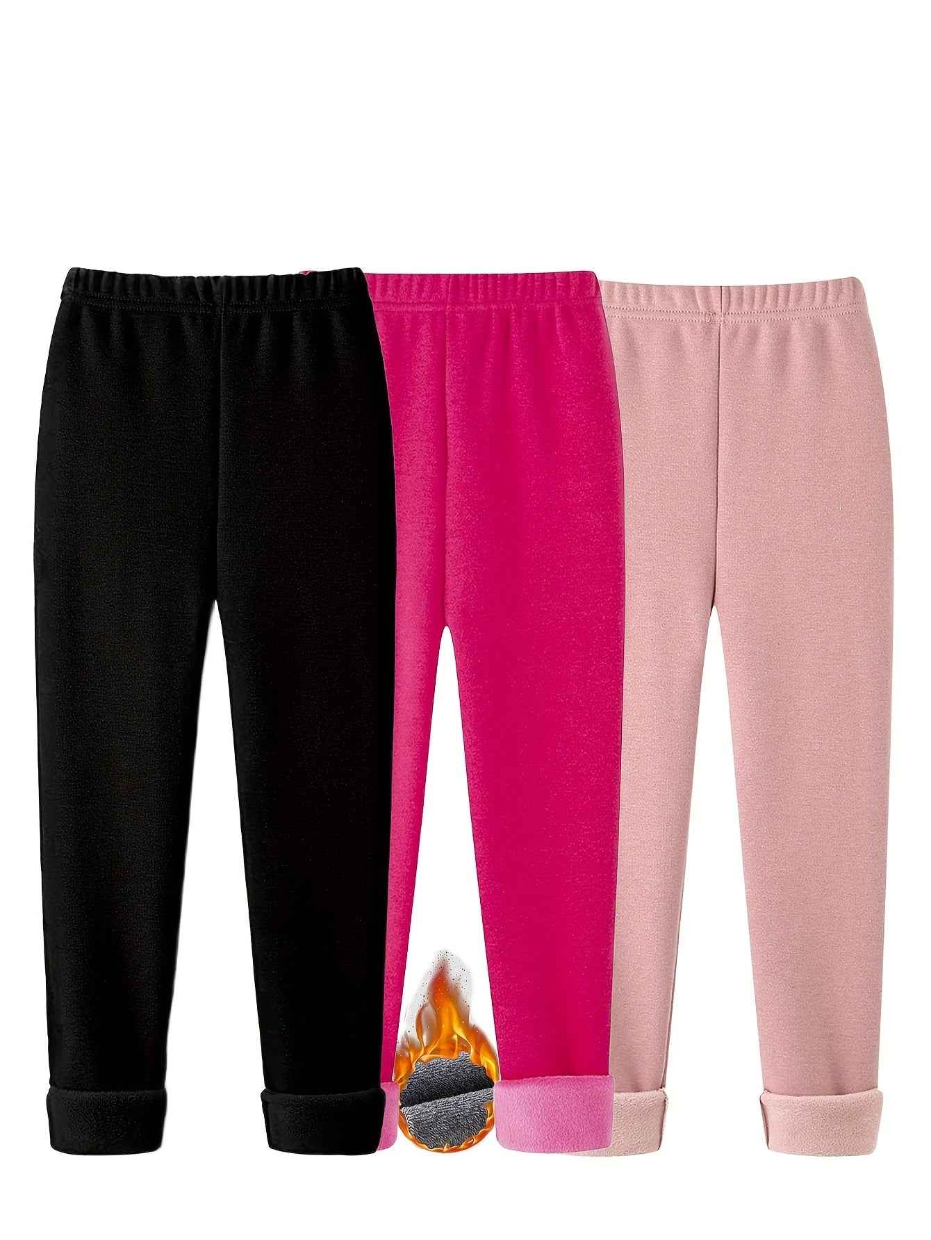 3pcs Winter-Lined Leggings for Kids - Warm Skinny Fit Tights for Boys & Girls, 95% Polyester/5% Spandex, Perfect for Playdates and Cold Weather
