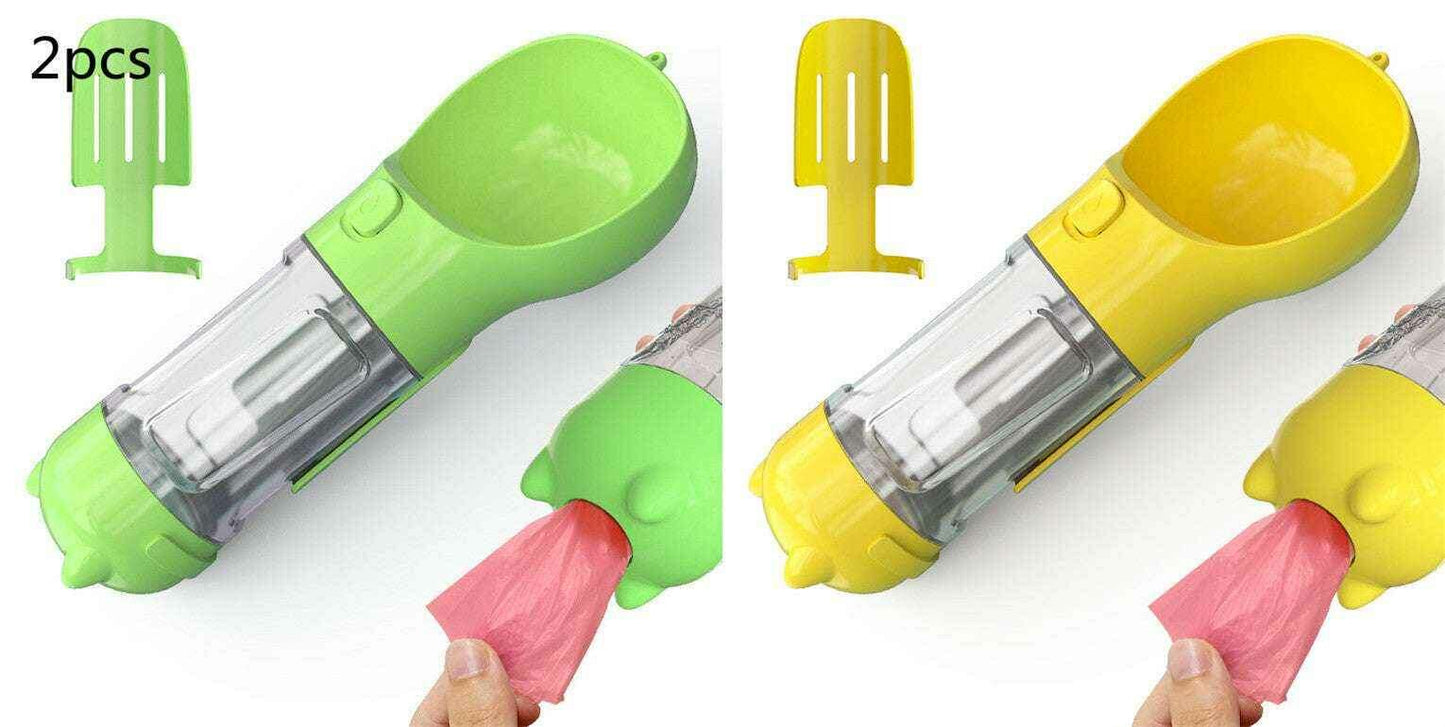3-in-1 Portable Pet Water Bottle with Feeder, Bowl & Waste Bag Holder Green 2pcs yellow 300ml