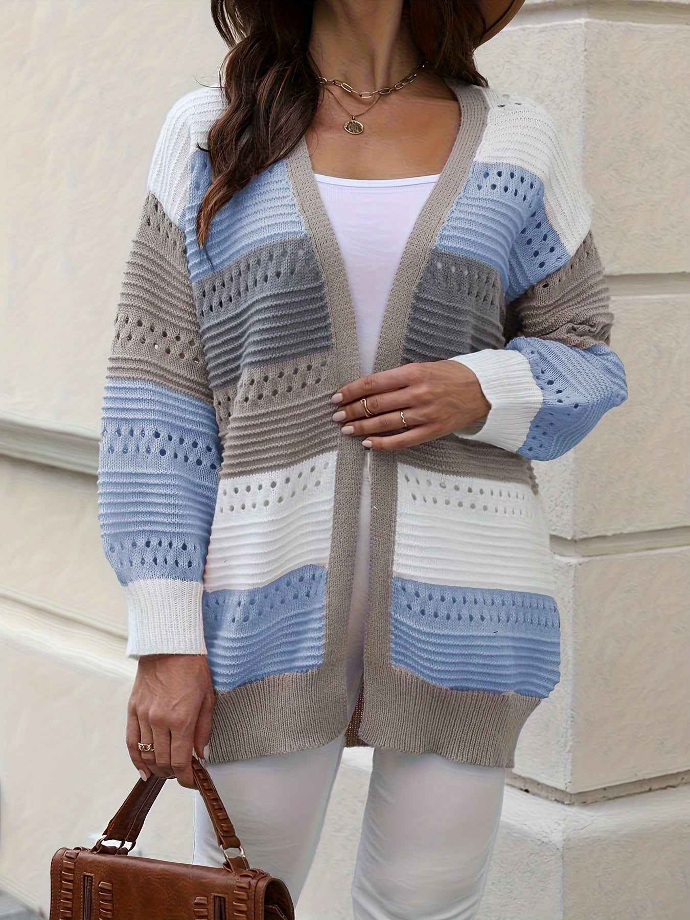 Casual Autumn Wear| Women's Plus Size Color Block Open Front Cardigan - Casual V-Neck, Eyelet Detail, Long Sleeve, Knit Sweater - Machine Washable, Polyester - Ideal for Fall/Winter, Fall Sweaters