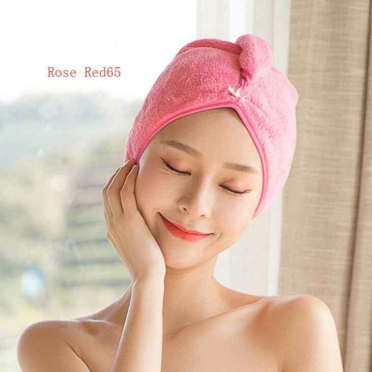 Women's Hair Dryer Cap - Absorbent Hair Towel for Fast Drying Rose Red65