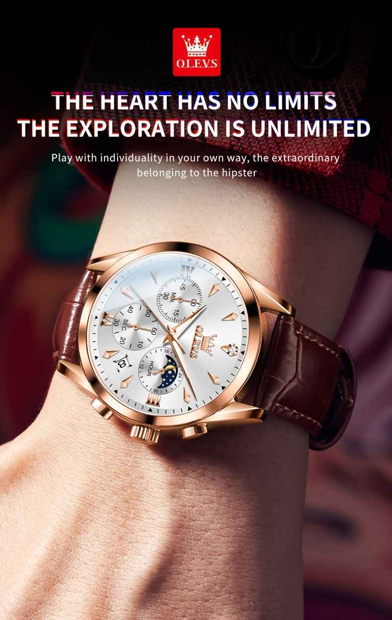 OLEVS Men's Luxury Quartz Watch - Luminous Date & Day Display, Stainless Steel Case, PU Leather Strap, Rose Gold Accents for Business and Casual Wear