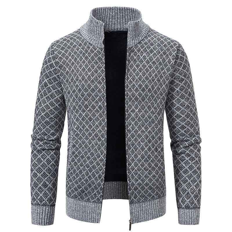 Thickened Plaid Print Jacket Cardigan Fashion Slim Fit Zipper Stand Collar Sweater Winter Men's Casual Long Sleeve Knitted Top Clothing Light Gray