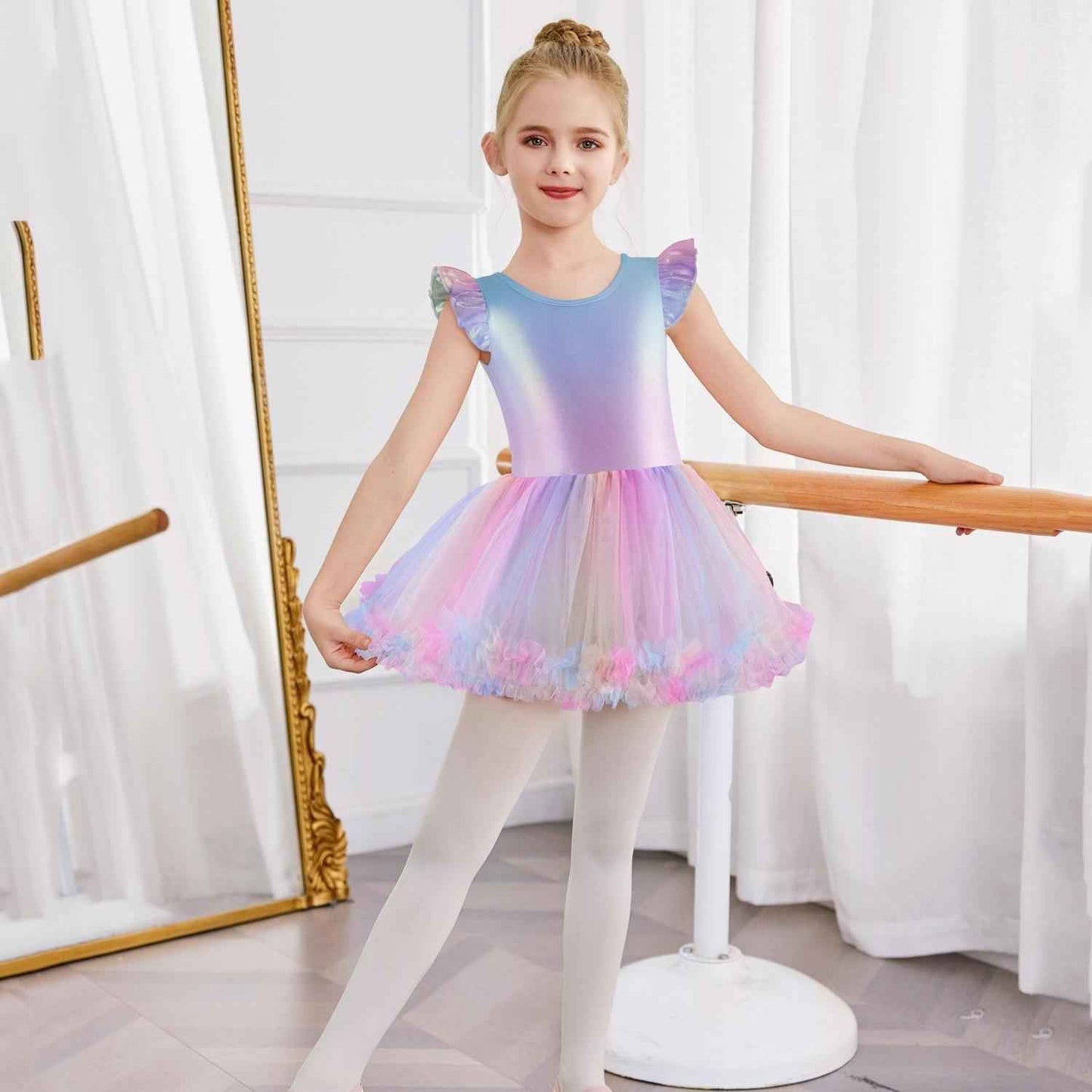 Girls Ballet Tutu Dress with Cross-Back Design and Ruffled Sleeves - Elegant White A-Line Leotard for Dance, Gymnastics, and Recitals Rainbow