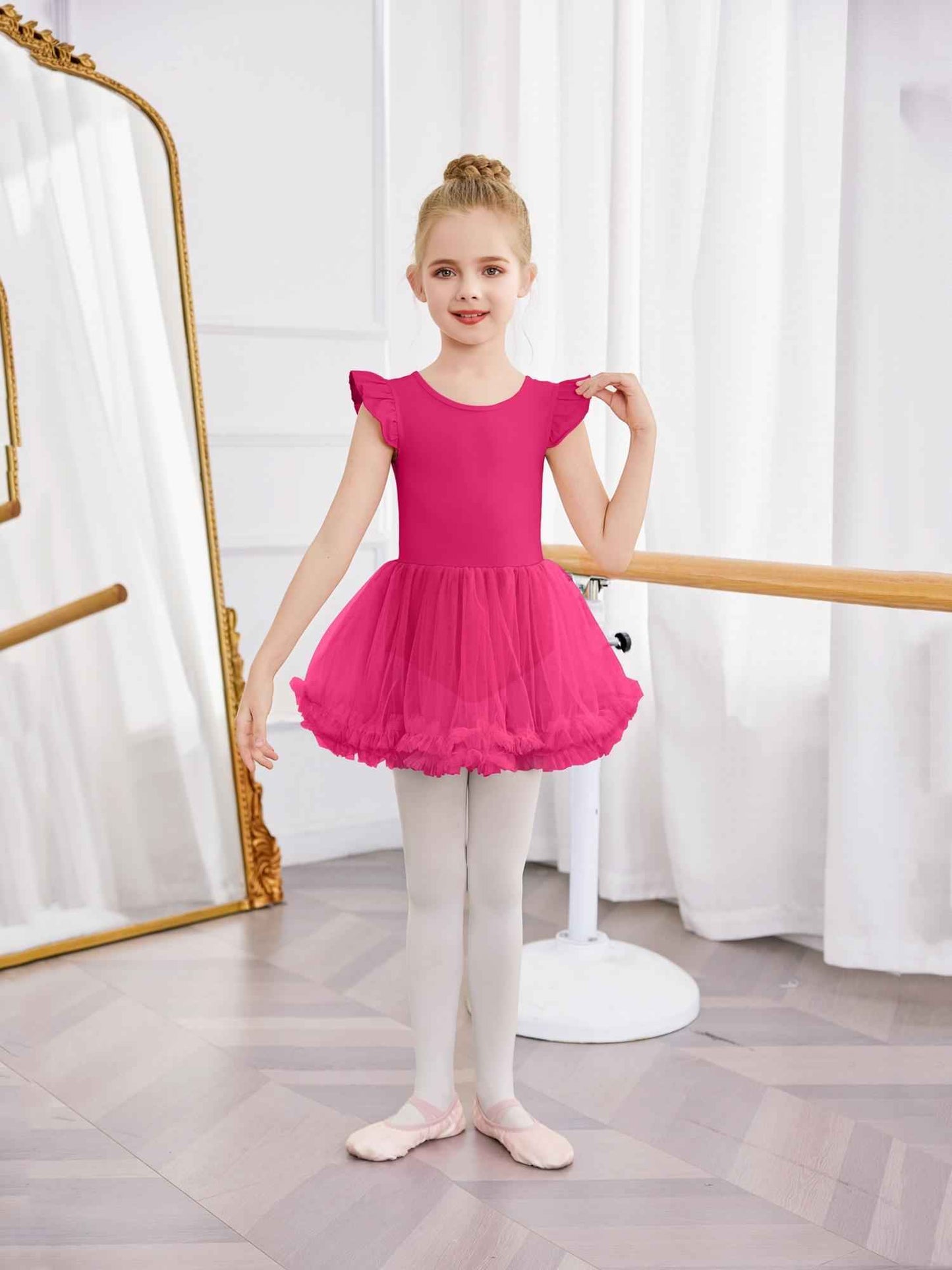 Girls Ballet Tutu Dress with Cross-Back Design and Ruffled Sleeves - Elegant White A-Line Leotard for Dance, Gymnastics, and Recitals