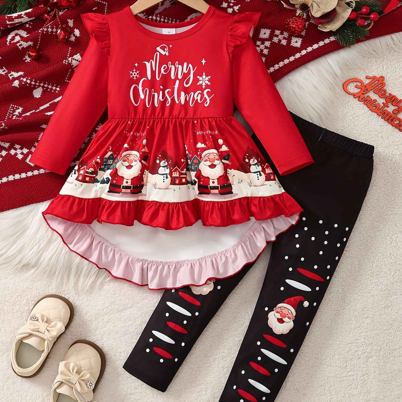 Christmas Dress Set for Girls - 2pcs Long-Sleeve Dress with Santa Claus Print and Irregular Trousers for Outdoor Fun Red