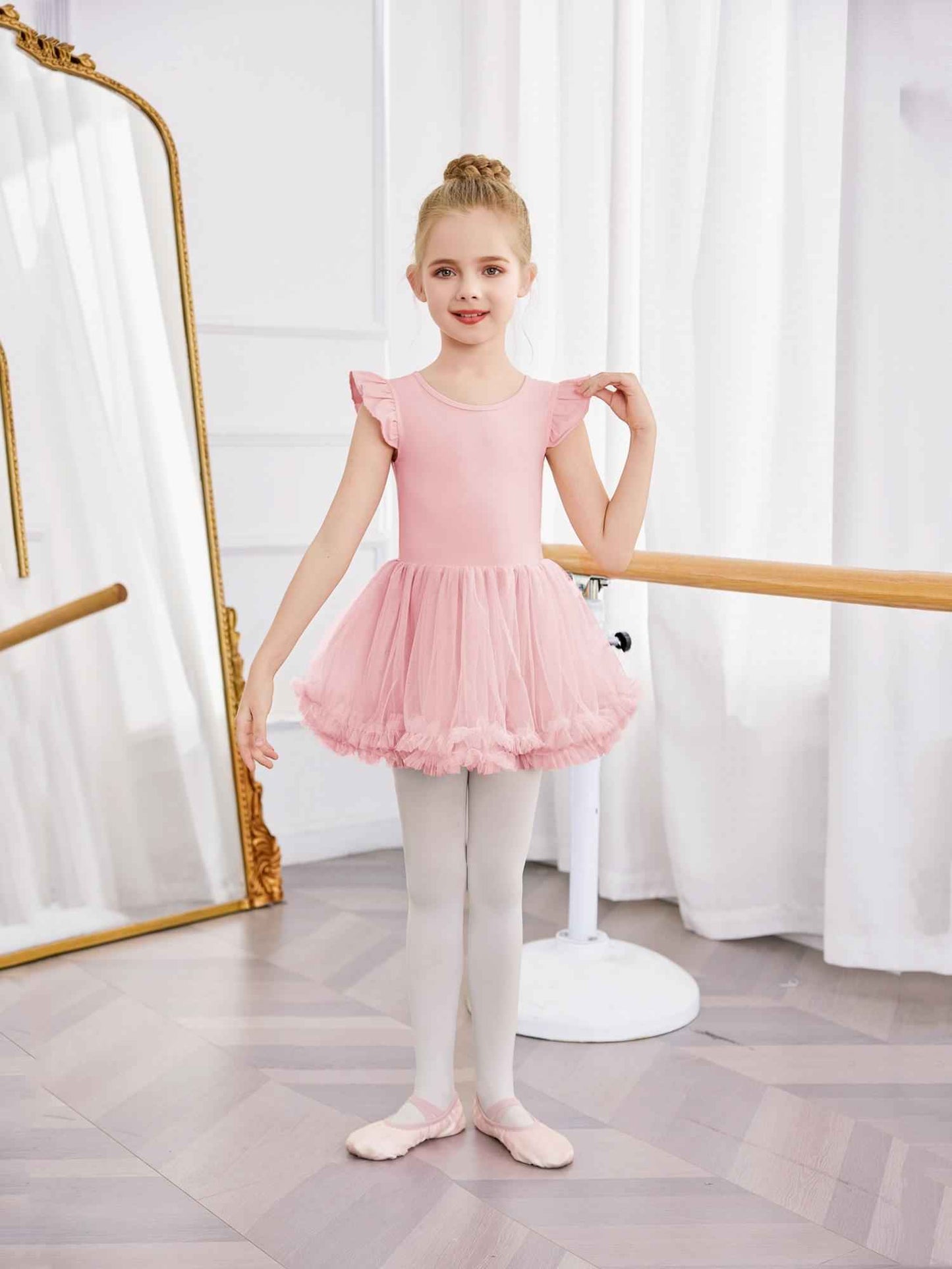 Girls Ballet Tutu Dress with Cross-Back Design and Ruffled Sleeves - Elegant White A-Line Leotard for Dance, Gymnastics, and Recitals
