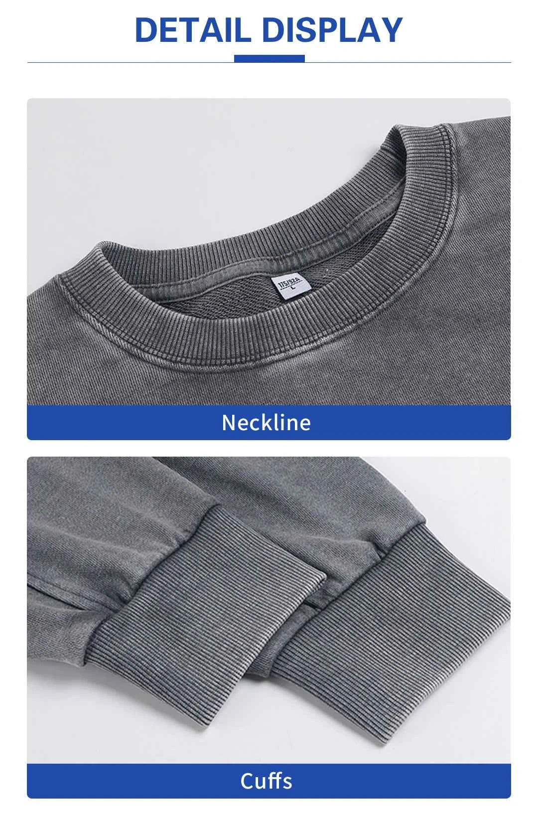 350GSM Heavyweight Custom Crewneck Sweatshirt, Stone Acid Washed Blank Plain Graphic Streetwear Hoodie for Wholesale