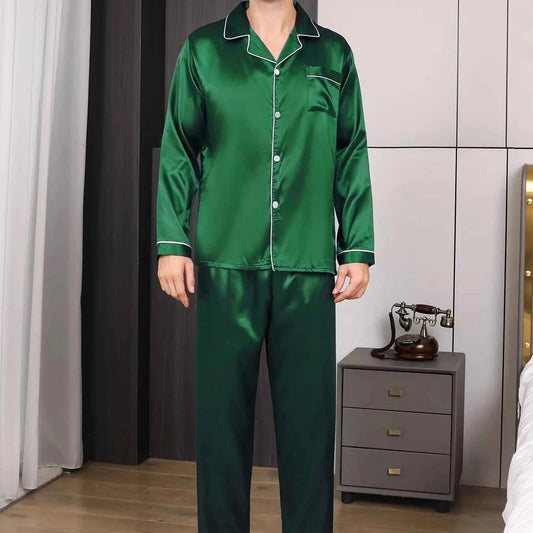 Men's Satin Pajama Set - Long Sleeve and Pants Loungewear Sleepwear