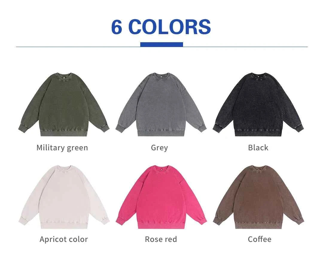 350GSM Heavyweight Custom Crewneck Sweatshirt, Stone Acid Washed Blank Plain Graphic Streetwear Hoodie for Wholesale