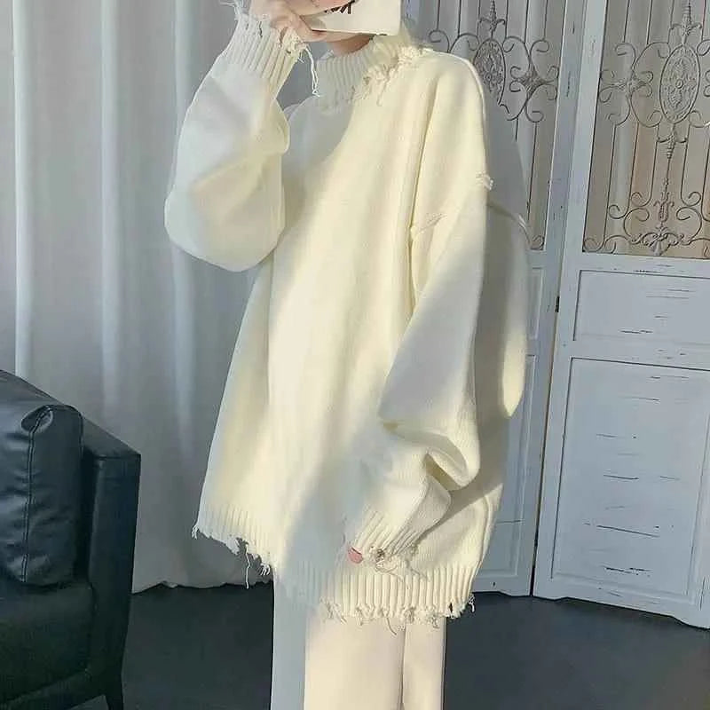 Sweaters for Men and Women, Ripped Edges, Irregular Frayed Sweaters, Couples Trend, Loose Half High Collar Autumn and Winter