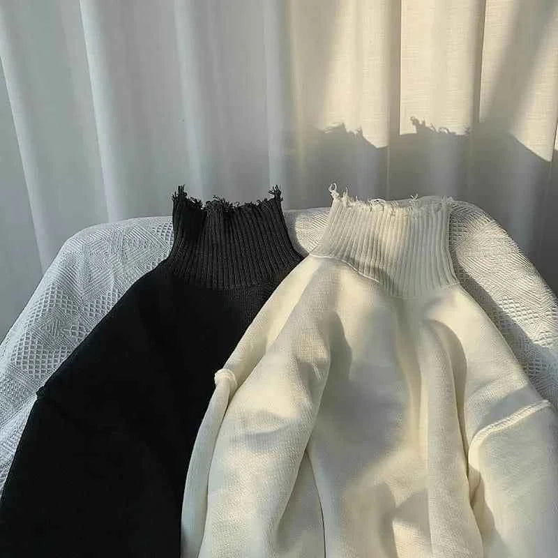 Sweaters for Men and Women, Ripped Edges, Irregular Frayed Sweaters, Couples Trend, Loose Half High Collar Autumn and Winter