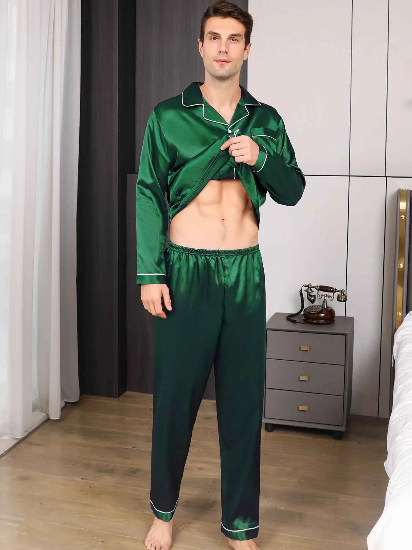 Men's Satin Pajama Set - Long Sleeve and Pants Loungewear Sleepwear