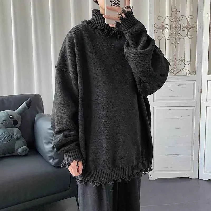 Sweaters for Men and Women, Ripped Edges, Irregular Frayed Sweaters, Couples Trend, Loose Half High Collar Autumn and Winter