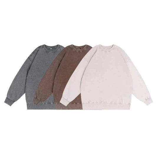 350GSM Heavyweight Custom Crewneck Sweatshirt, Stone Acid Washed Blank Plain Graphic Streetwear Hoodie for Wholesale