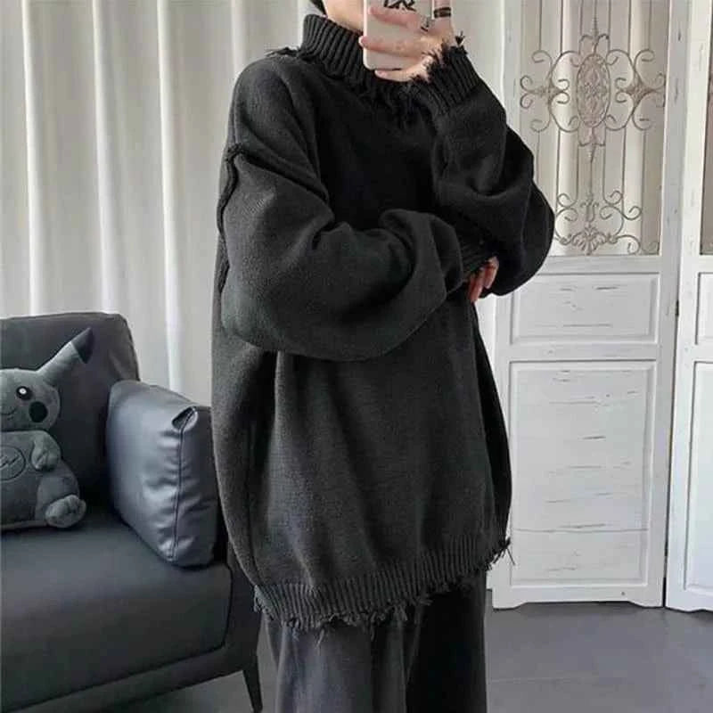 Sweaters for Men and Women, Ripped Edges, Irregular Frayed Sweaters, Couples Trend, Loose Half High Collar Autumn and Winter