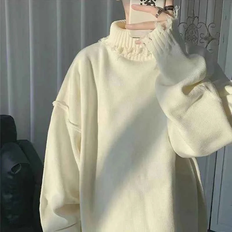 Sweaters for Men and Women, Ripped Edges, Irregular Frayed Sweaters, Couples Trend, Loose Half High Collar Autumn and Winter