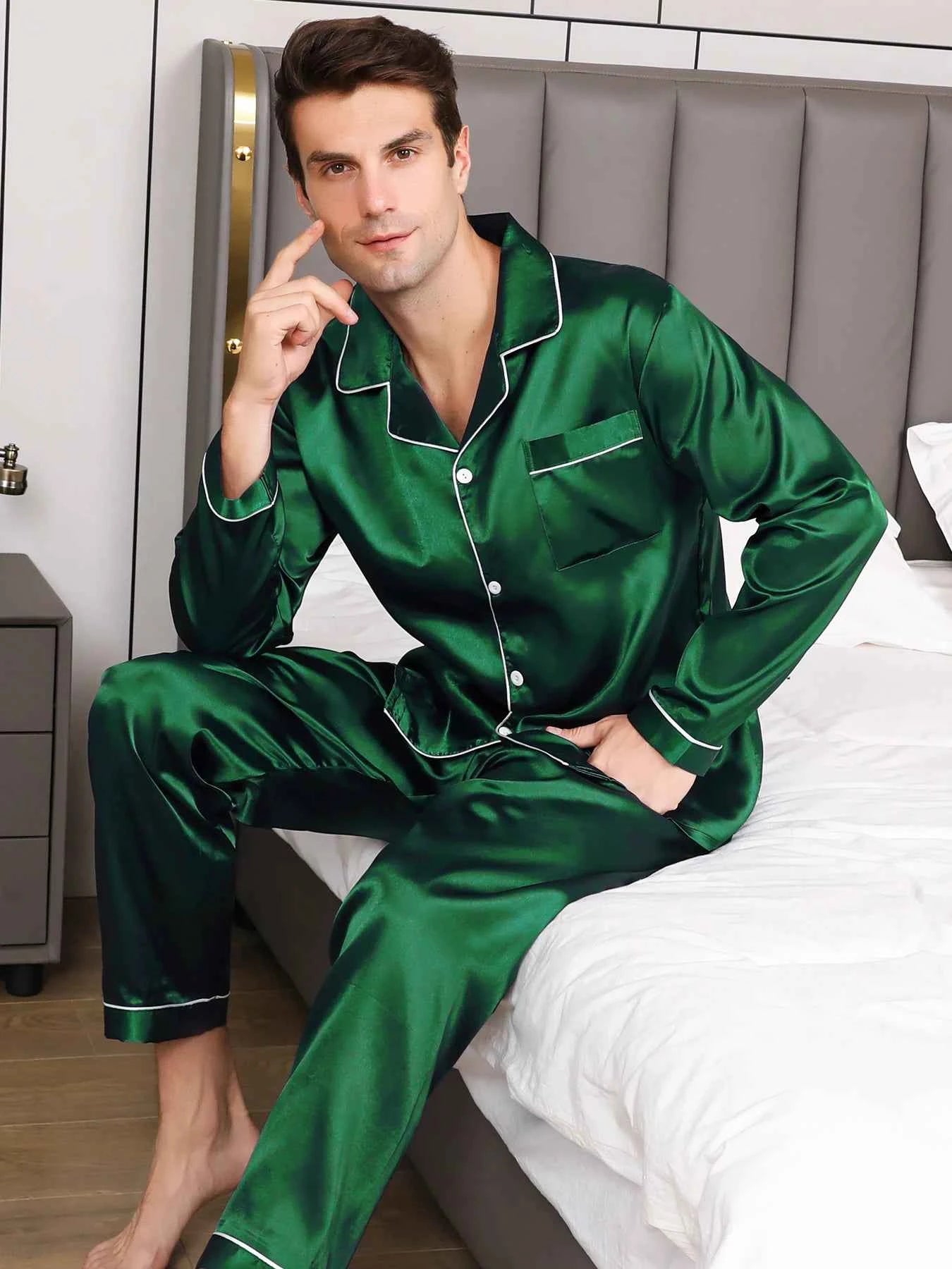 Men's Satin Pajama Set - Long Sleeve and Pants Loungewear Sleepwear Green