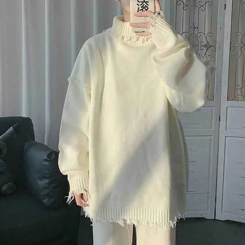 Sweaters for Men and Women, Ripped Edges, Irregular Frayed Sweaters, Couples Trend, Loose Half High Collar Autumn and Winter