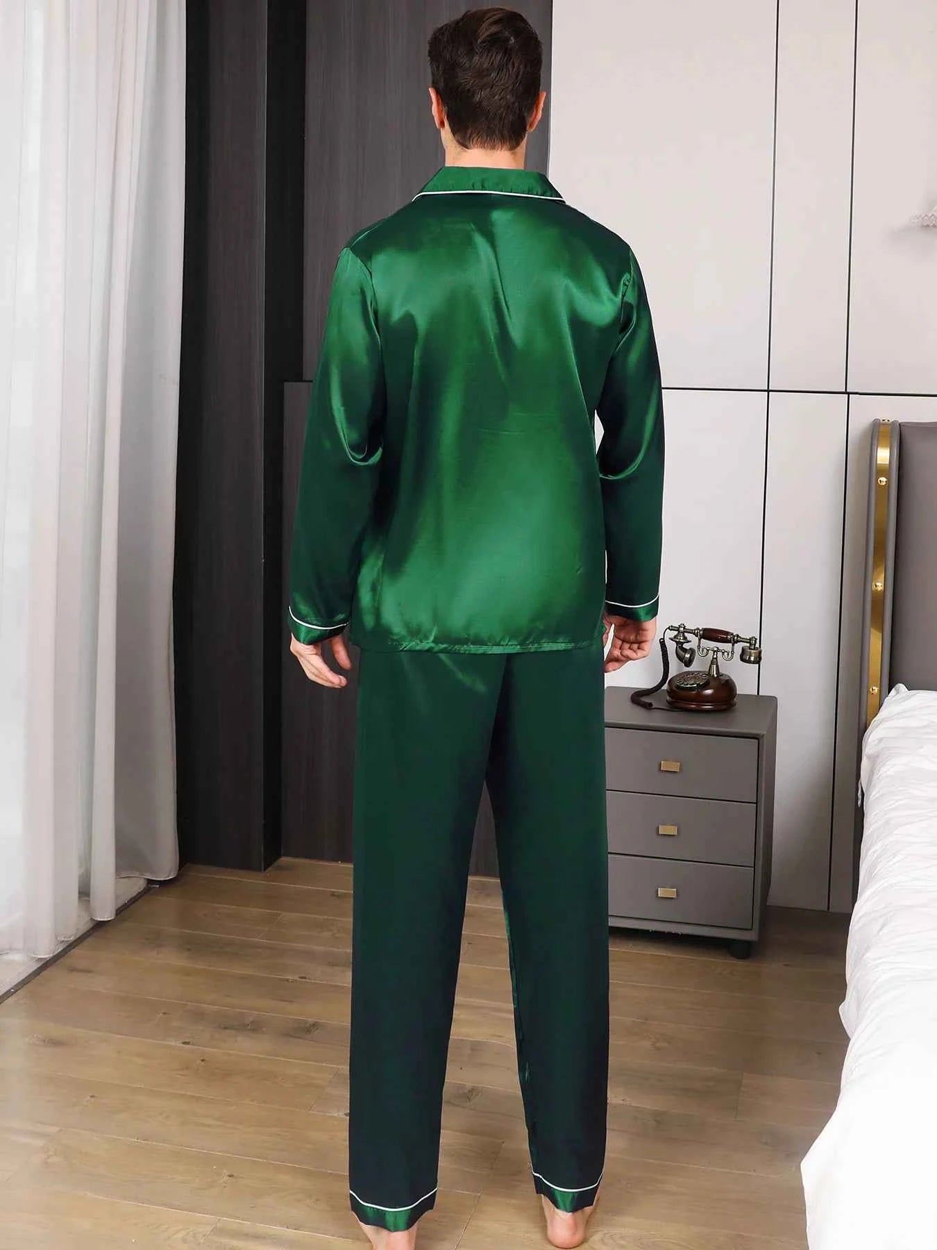 Men's Satin Pajama Set - Long Sleeve and Pants Loungewear Sleepwear