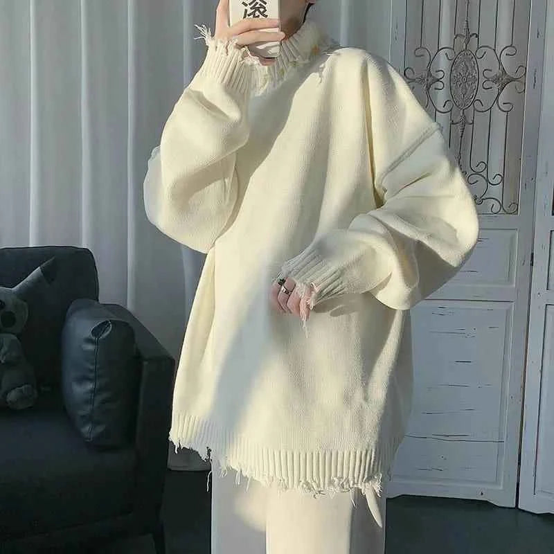 Sweaters for Men and Women, Ripped Edges, Irregular Frayed Sweaters, Couples Trend, Loose Half High Collar Autumn and Winter
