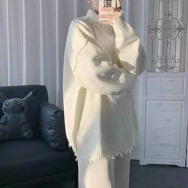 Sweaters for Men and Women, Ripped Edges, Irregular Frayed Sweaters, Couples Trend, Loose Half High Collar Autumn and Winter