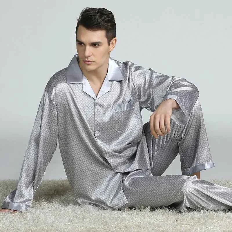 Silk Satin Pajamas for Men Sleepwear Cozy Soft Print Long Sleeve Nightgown Tops+ Trousers Two Pieces Mens Pajama Set 1 4