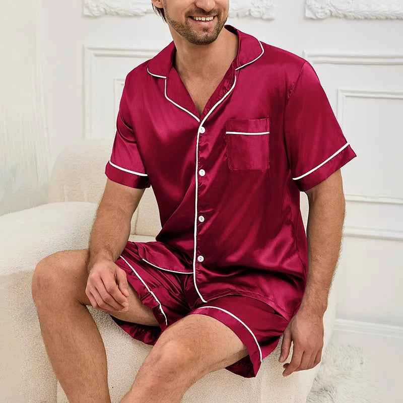Men's Satin Pajama Set - Short Sleeve Sleepwear for Men with Button Wine Red