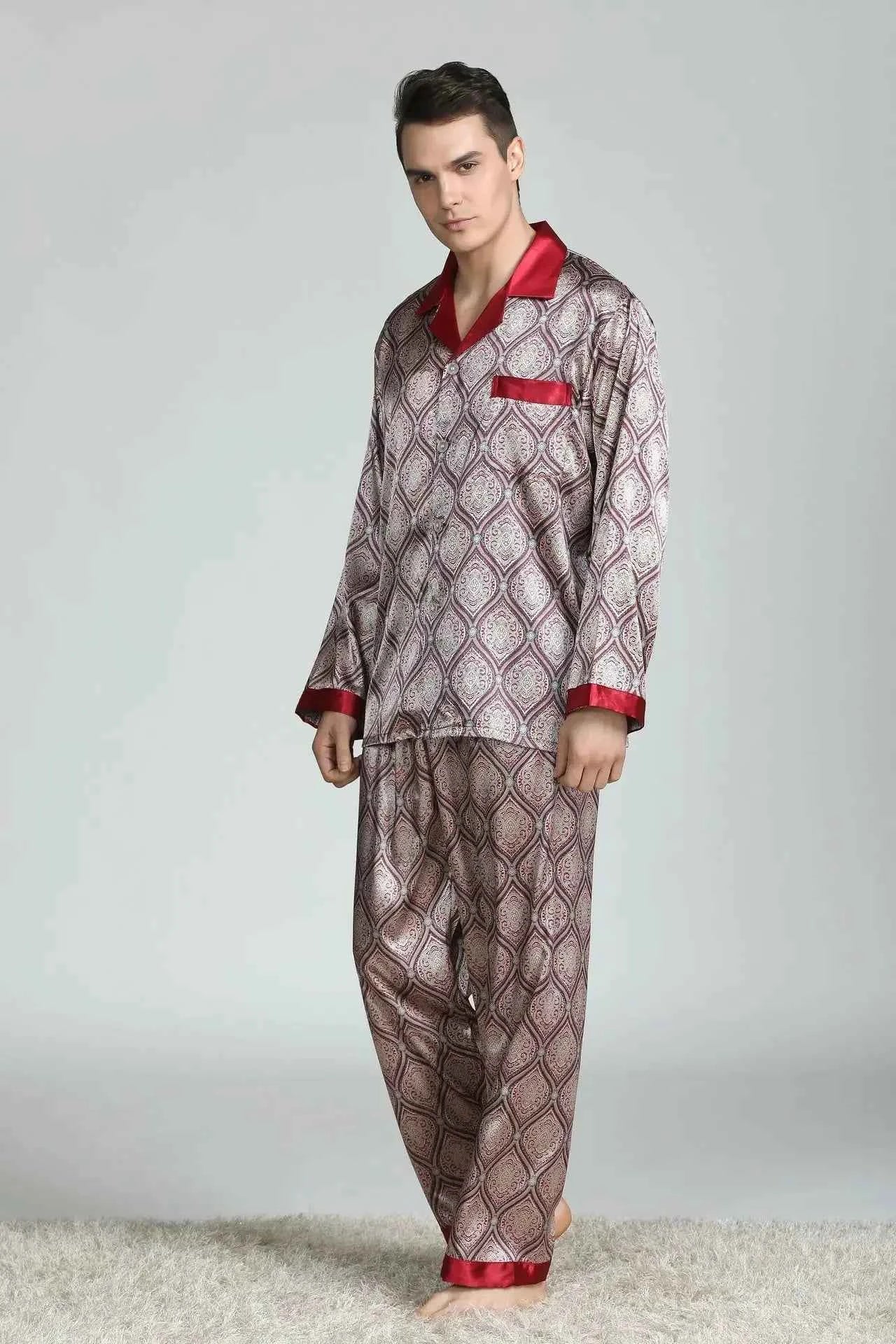 Silk Satin Pajamas for Men Sleepwear Cozy Soft Print Long Sleeve Nightgown Tops+ Trousers Two Pieces Mens Pajama Set