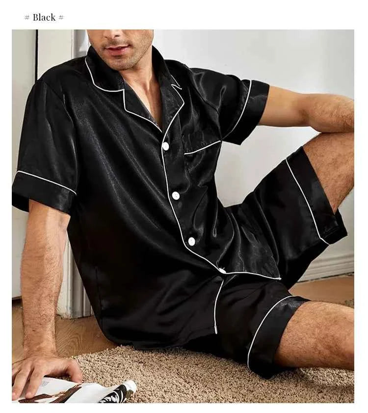 Men's Satin Pajama Set - Short Sleeve Sleepwear for Men with Button