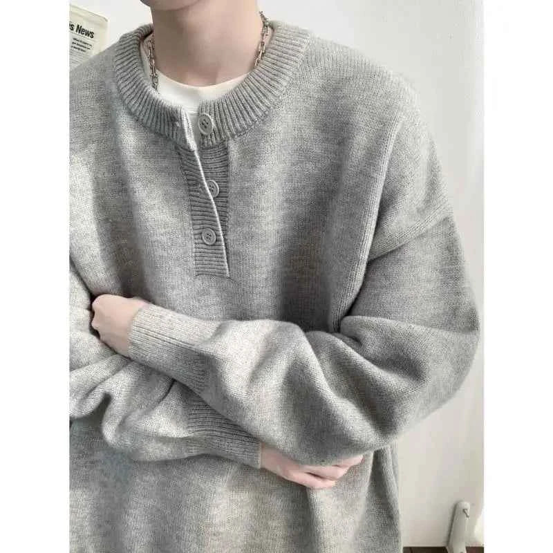 Cleanfit Men's Winter Thickened Warm Knitted Sweater Henry Collar Loose Lazy Style Solid Color Knitwear Long Sleeve Princess... Light Grey
