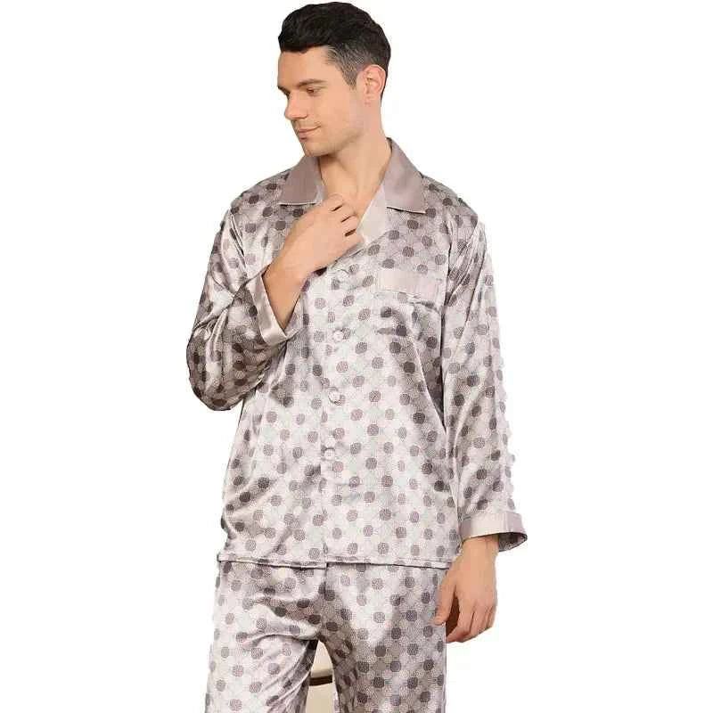 Silk Satin Pajamas for Men Sleepwear Cozy Soft Print Long Sleeve Nightgown Tops+ Trousers Two Pieces Mens Pajama Set 1 8