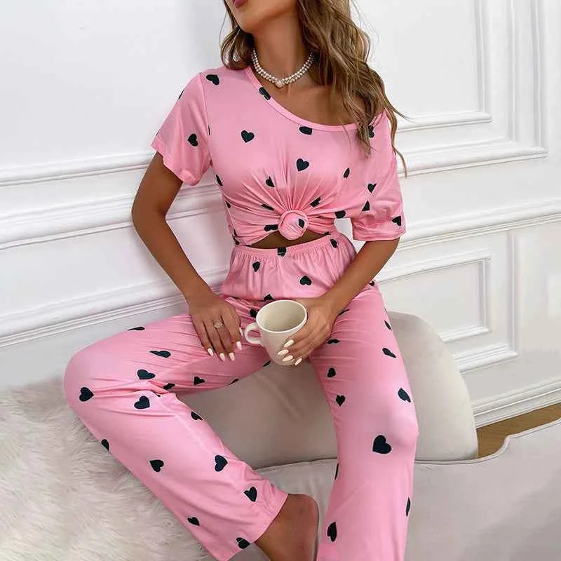 Women's Cartoon Pajama Set - Soft Short Sleeve Top and Long Pants Sleepwear for Ladies Homewear